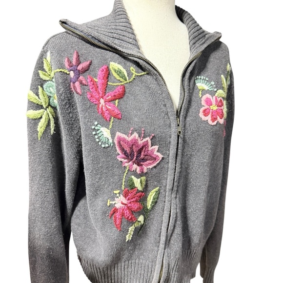 Tiara International Embroidered Floral Zip Up Vintage Cardigan Sz Large Grandma - Picture 2 of 9